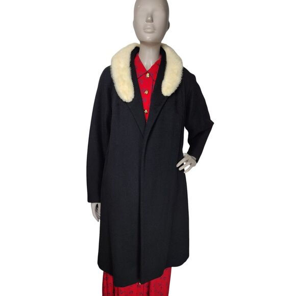 Vintage 30s Black Wool Fox Fur Collar Open Front Opera Swing Dress Overcoat - Picture 8 of 12